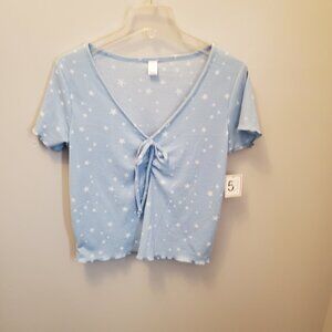 Women's New w/Tags 5B Style Top, Size L, Blue with White Stars, V neck w/tie